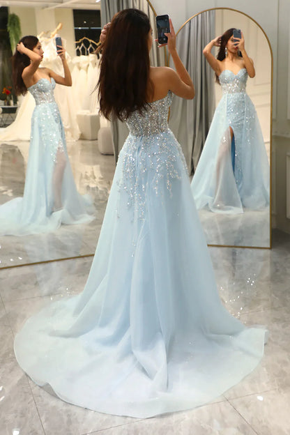 Luxurious Glitter Light Blue Long Corset Prom Dress With Sweep Train