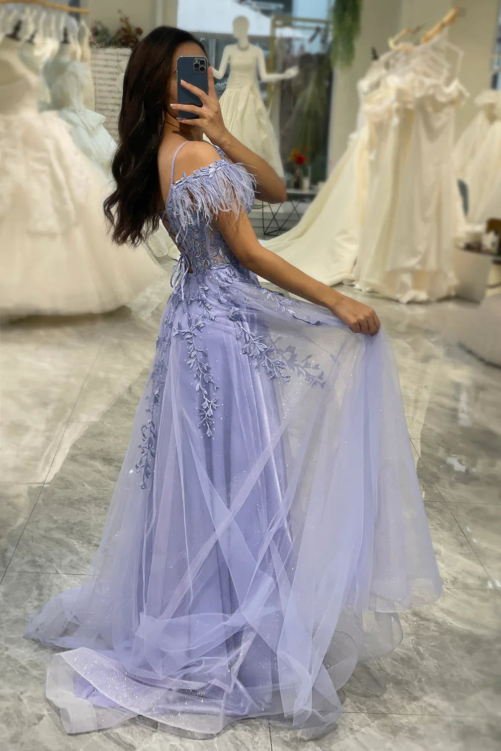 Lilac A Line Feather Off The Shoulder Long Tulle Prom Dress With Appliques