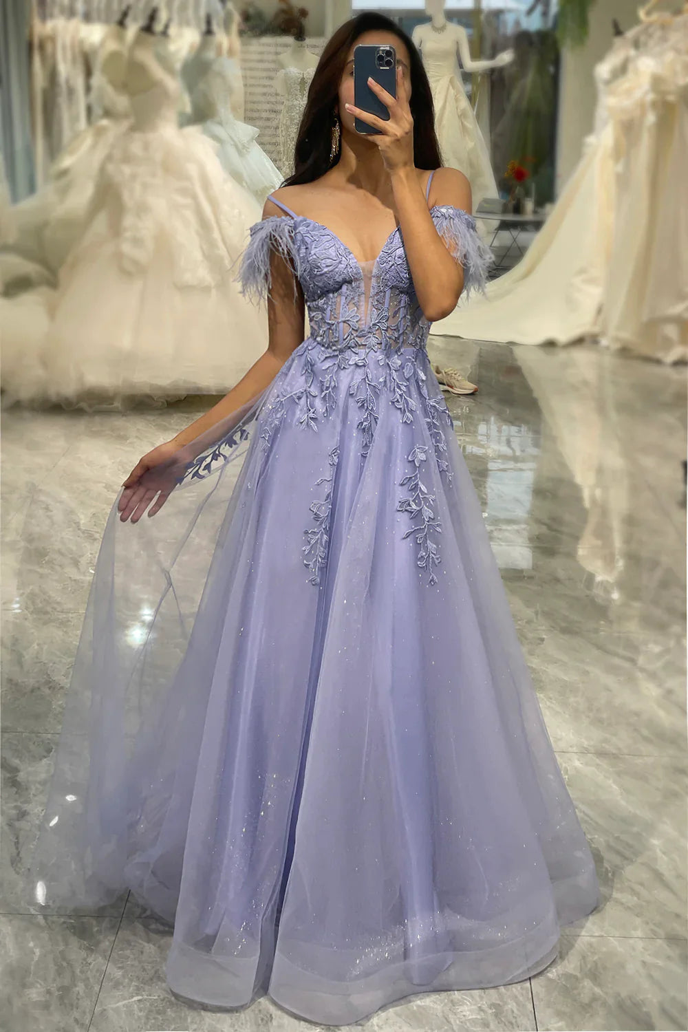 Lilac A Line Feather Off The Shoulder Long Tulle Prom Dress With Appliques