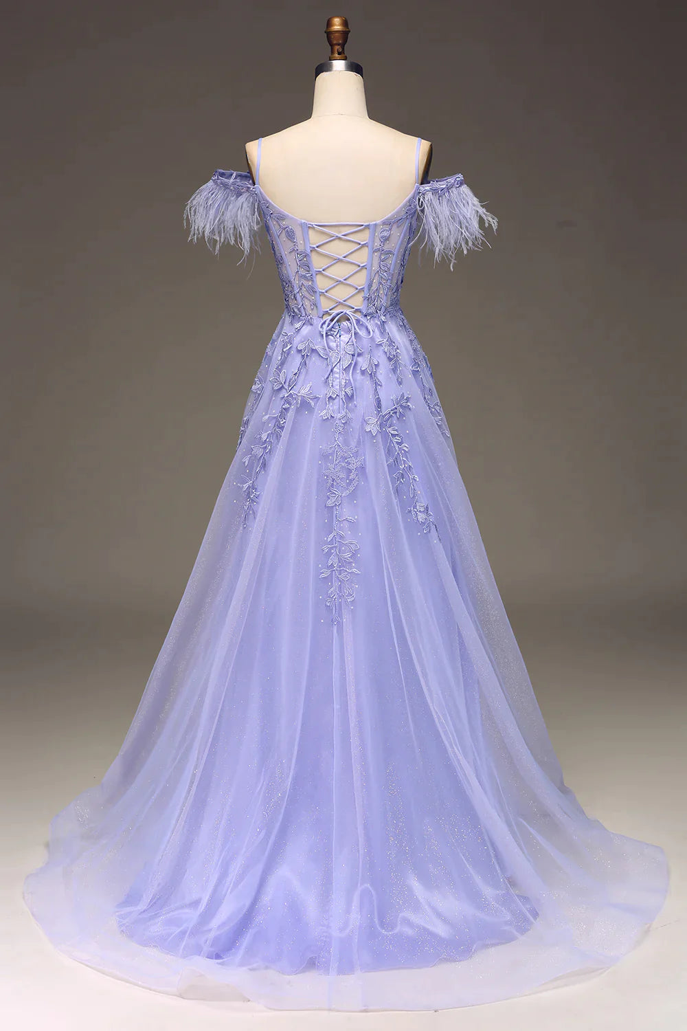 Lilac A Line Feather Off The Shoulder Long Tulle Prom Dress With Appliques