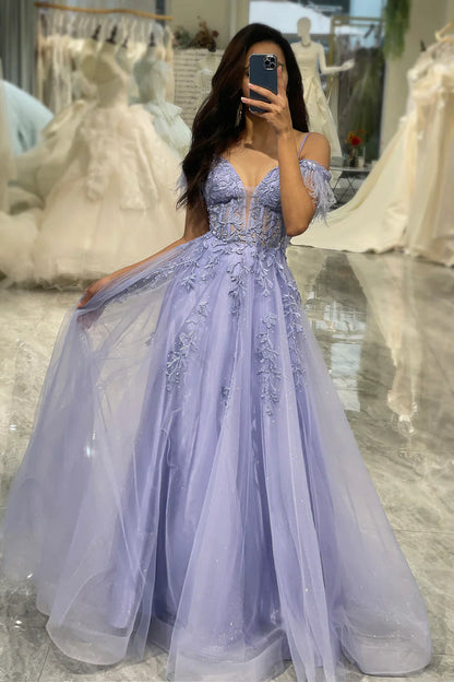 Lilac A Line Feather Off The Shoulder Long Tulle Prom Dress With Appliques