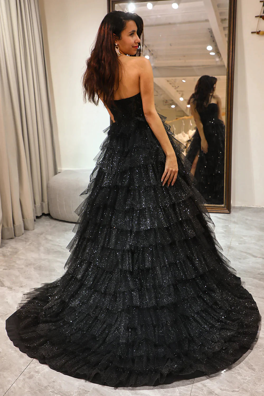 Glitter Black A-Line Sweetheart Long Corset Tiered Prom Dress With Slit