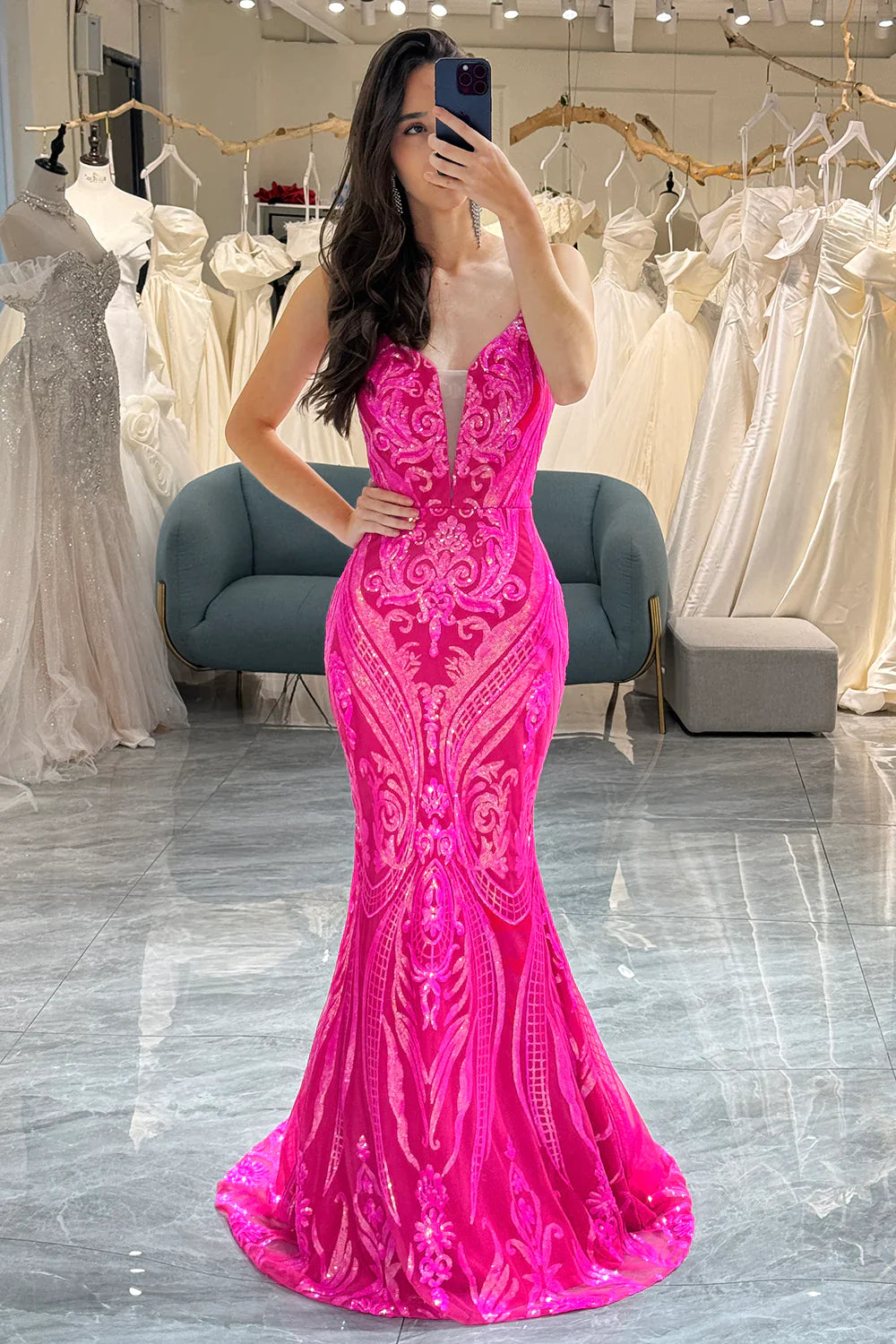 Fuchsia Mermaid Lace Up Back Long Prom Dress With Glitter Sequin