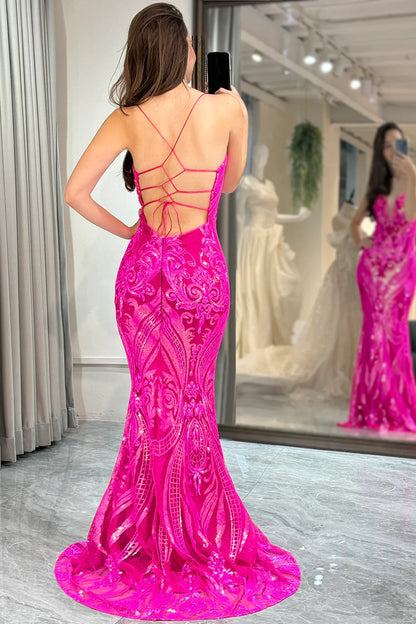 Fuchsia Mermaid Lace Up Back Long Prom Dress With Glitter Sequin