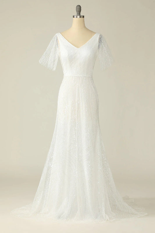 White V Neck Lace Wedding Dress