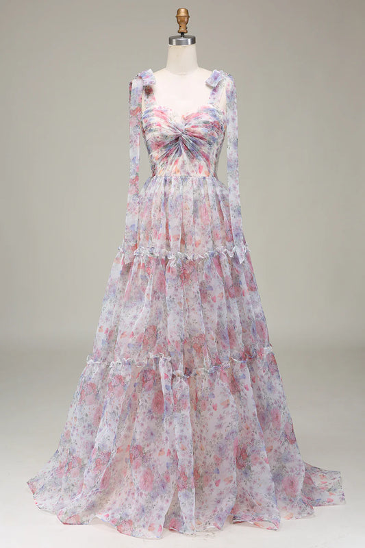 A-Line Spaghetti Straps Lilac Flower Printed Prom Dress