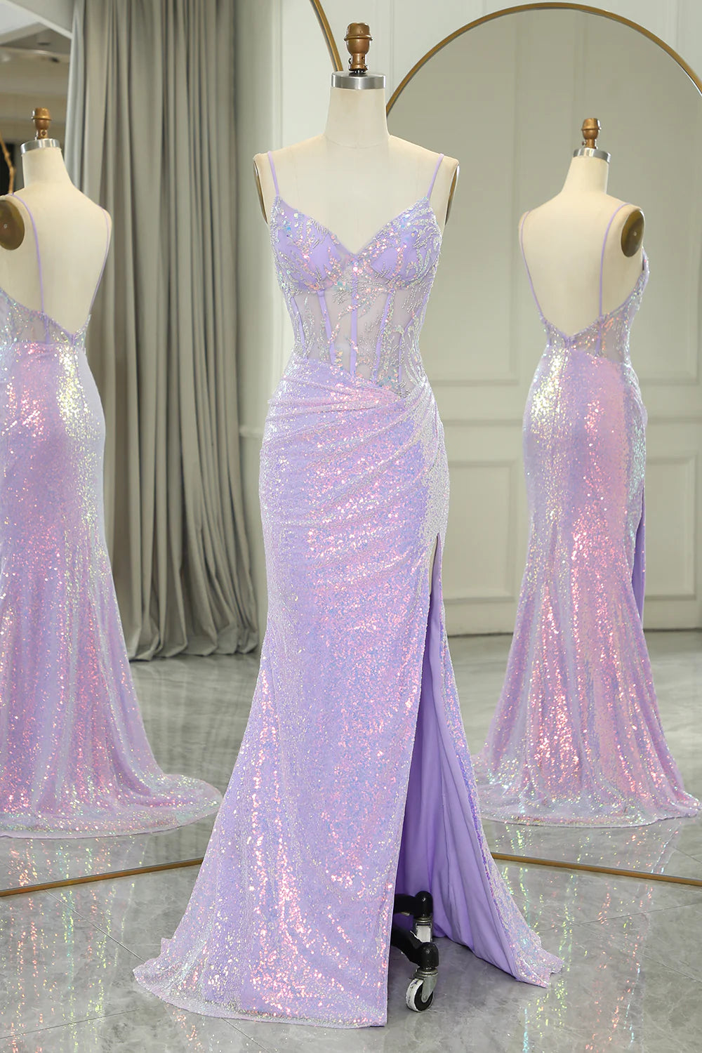 Sparkly Lilac Spaghetti Straps Mermaid Long Backless Prom Dress With Split