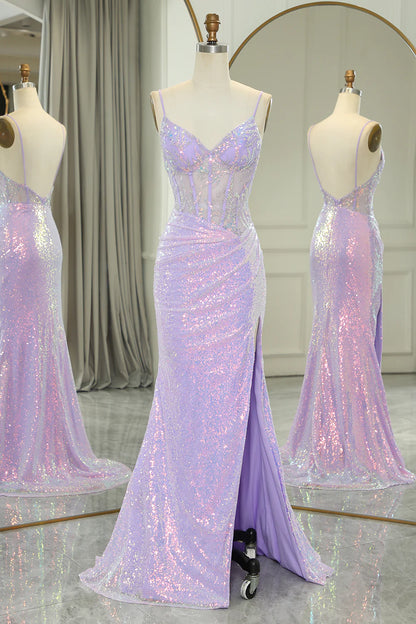 Sparkly Lilac Spaghetti Straps Mermaid Long Backless Prom Dress With Split