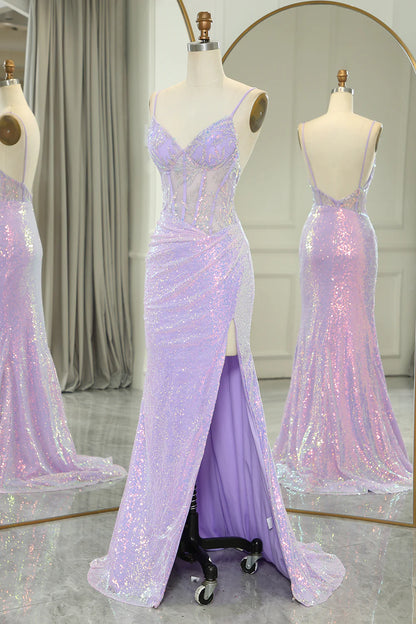 Sparkly Lilac Spaghetti Straps Mermaid Long Backless Prom Dress With Split