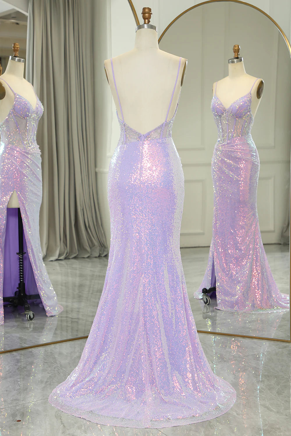 Sparkly Lilac Spaghetti Straps Mermaid Long Backless Prom Dress With Split