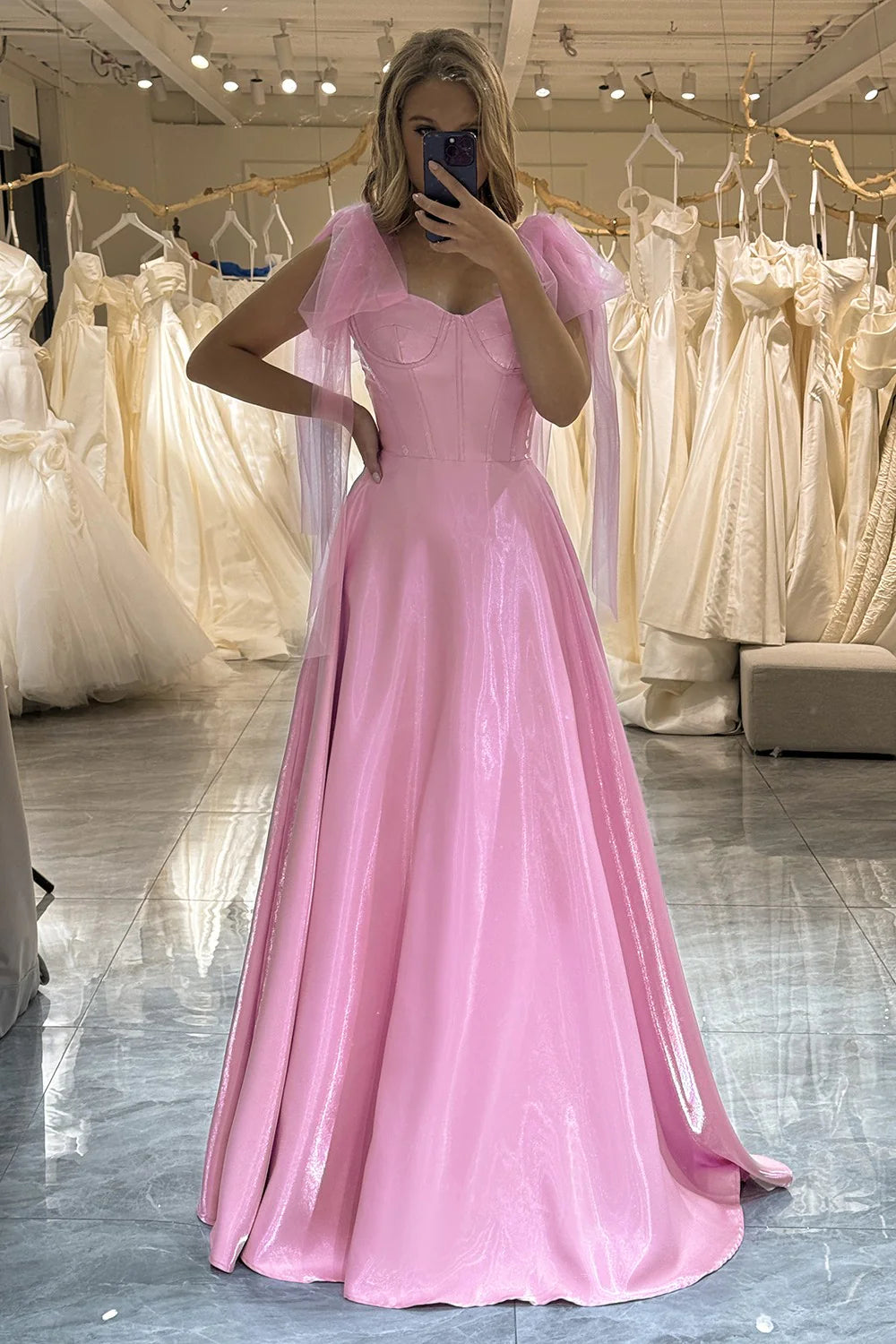 Pretty Pink A-Line Backless Long Prom Dress With Detachable Straps