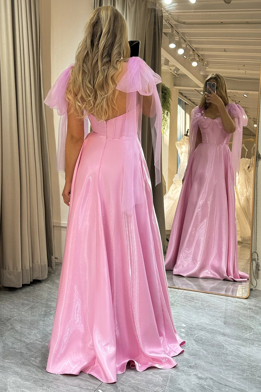 Pretty Pink A-Line Backless Long Prom Dress With Detachable Straps