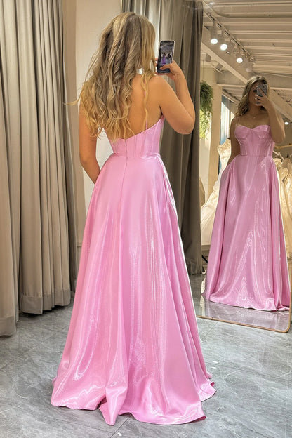 Pretty Pink A-Line Backless Long Prom Dress With Detachable Straps