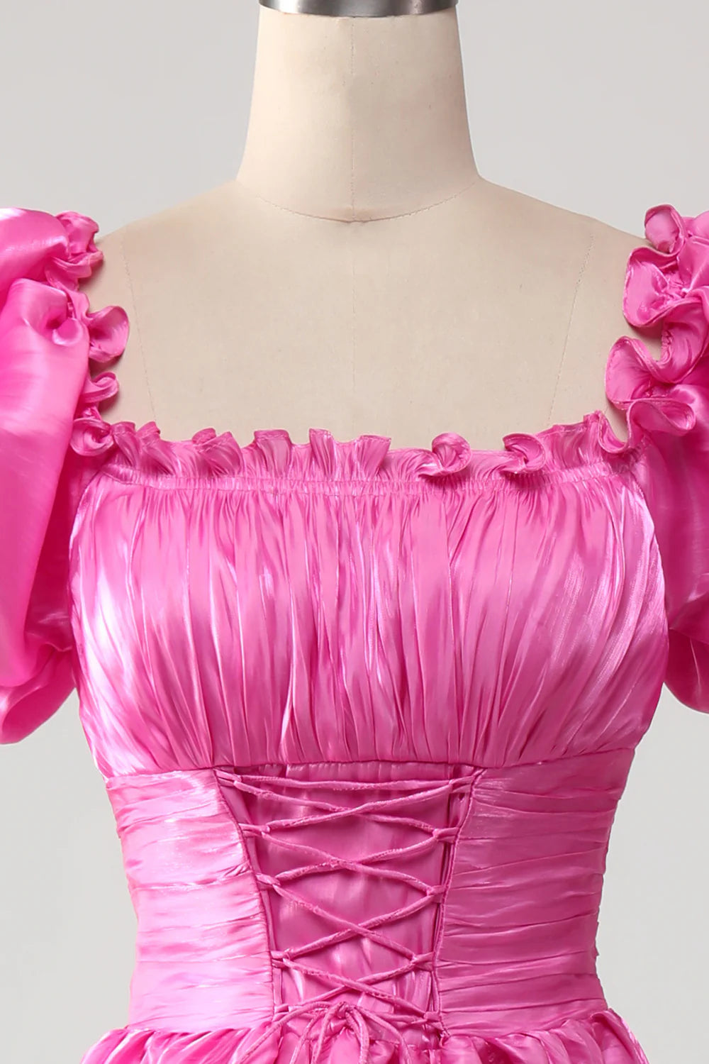 Puff Sleeves Hot Pink Prom Dress with Ruffles