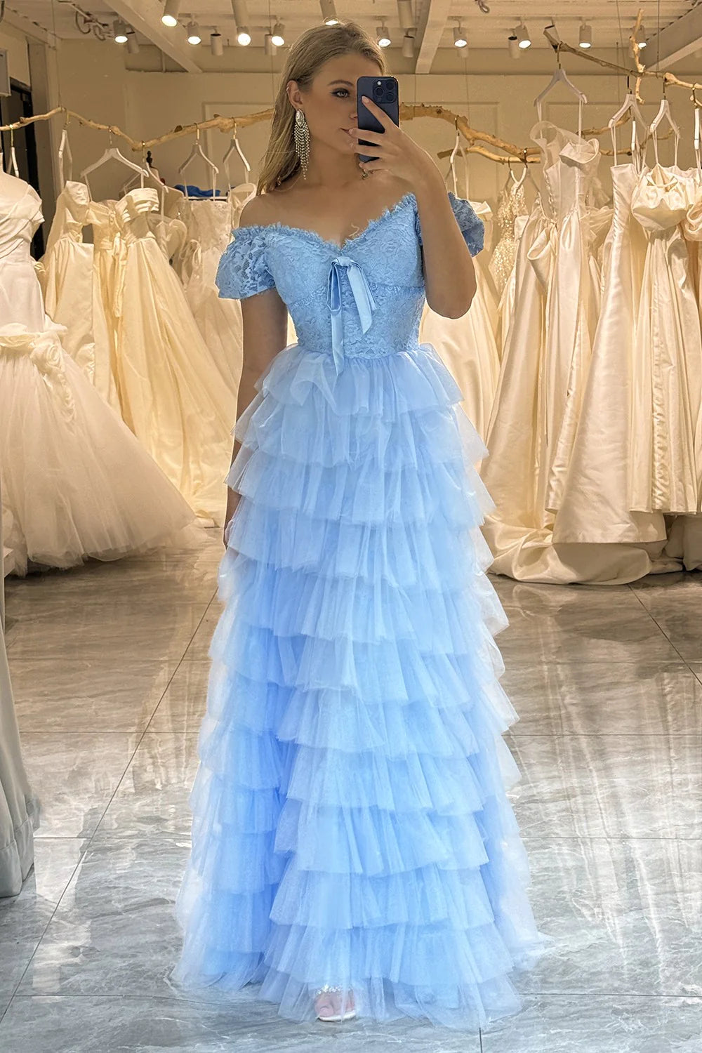 Light Blue A Line Tulle Off the Shoulder Lace Up Long Tiered Prom Dress