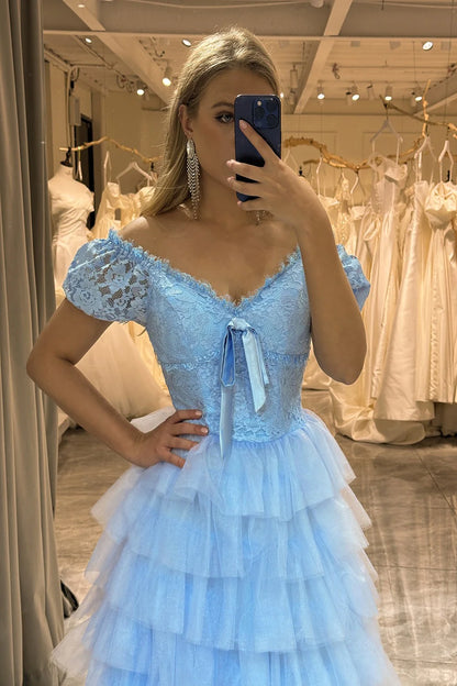 Light Blue A Line Tulle Off the Shoulder Lace Up Long Tiered Prom Dress