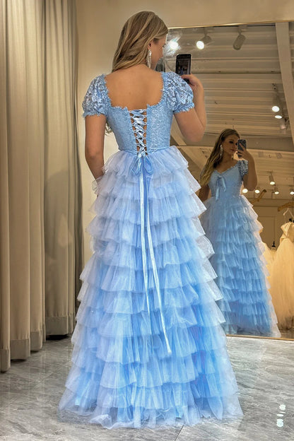 Light Blue A Line Tulle Off the Shoulder Lace Up Long Tiered Prom Dress