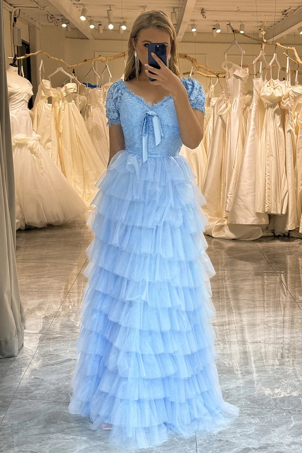 Light Blue A Line Tulle Off the Shoulder Lace Up Long Tiered Prom Dress