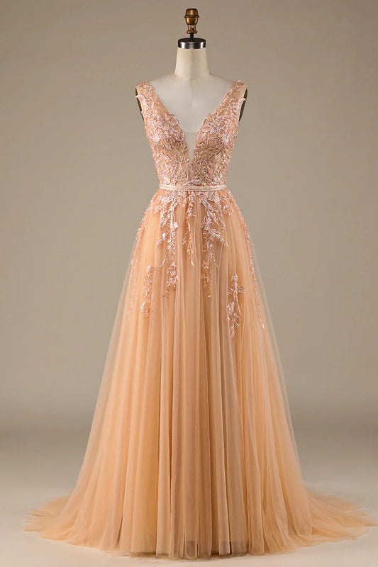 Champagne V-Neck Tulle Wedding Dress with Lace