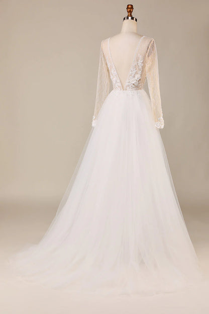 A Line Deep V-Neck Ivory Tulle Sweep Train Wedding Dress with Lace