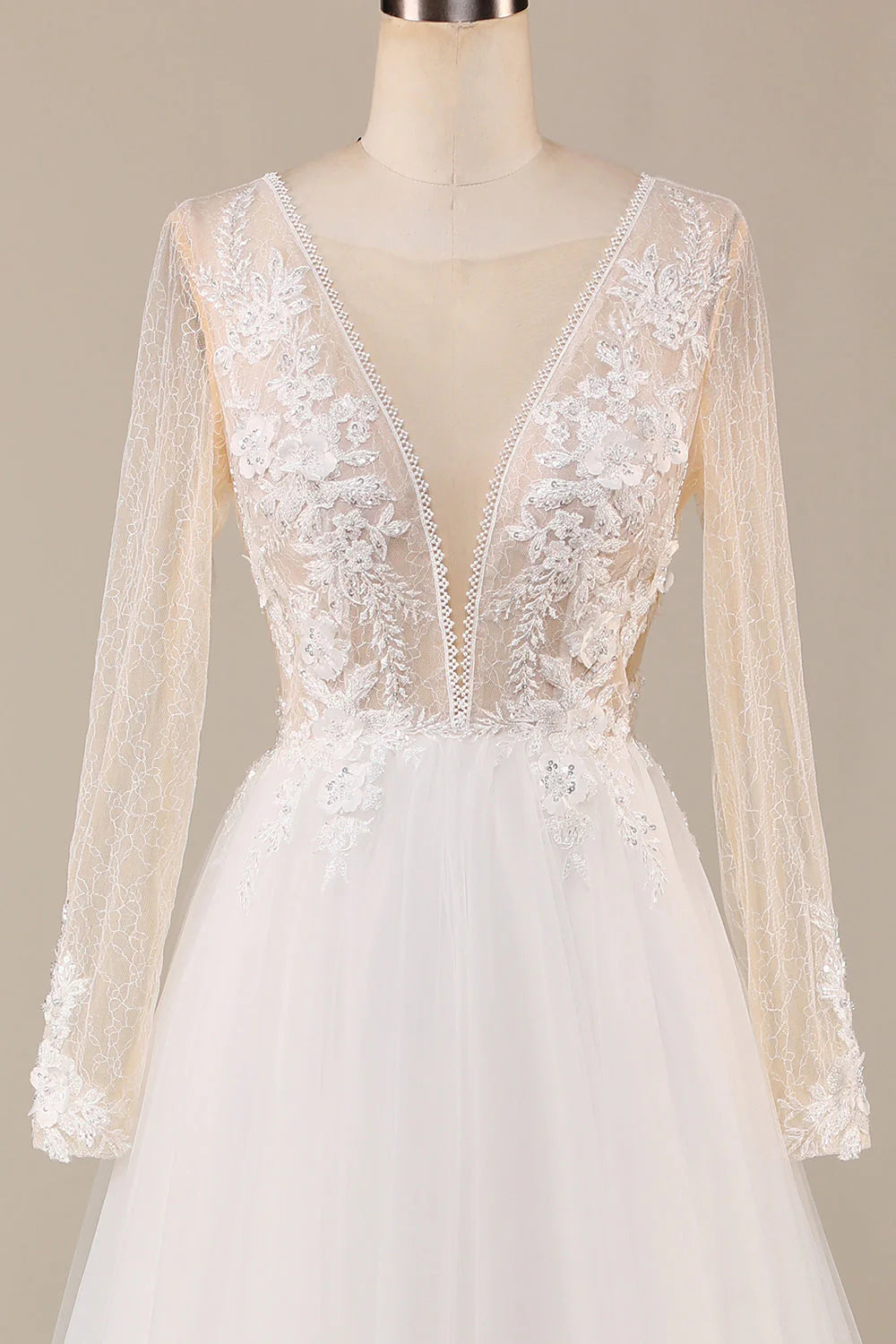 A Line Deep V-Neck Ivory Tulle Sweep Train Wedding Dress with Lace