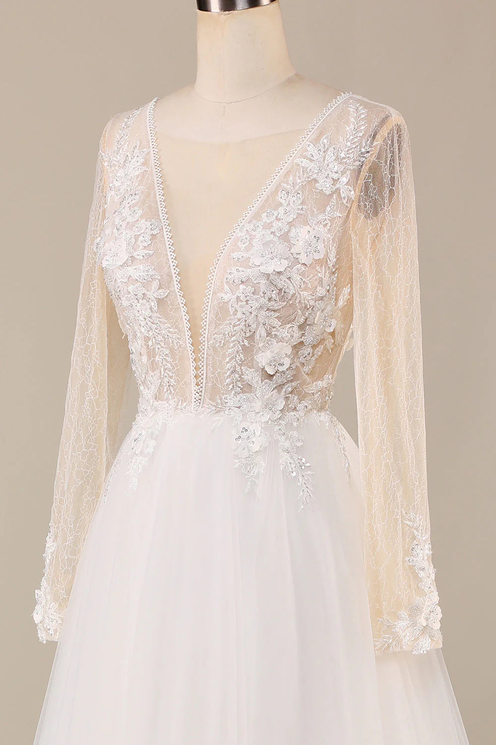 A Line Deep V-Neck Ivory Tulle Sweep Train Wedding Dress with Lace