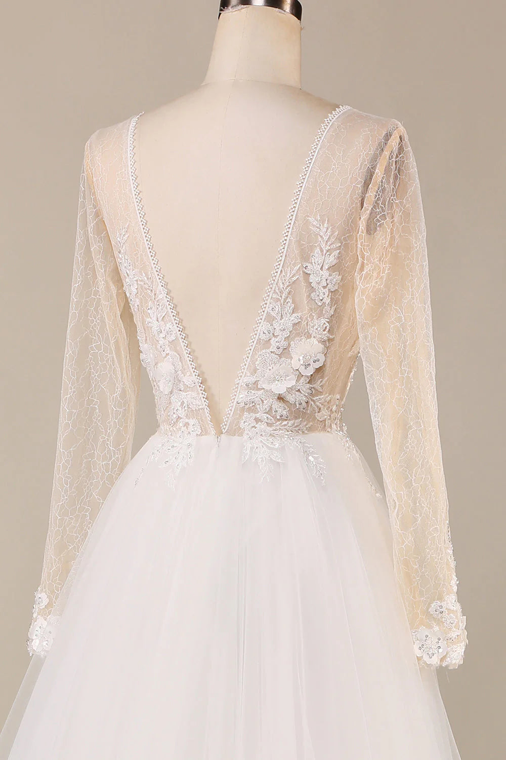 A Line Deep V-Neck Ivory Tulle Sweep Train Wedding Dress with Lace