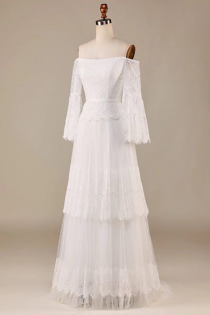 A Line Off the Shoulder Ivory Sweep Train Flare Sleeves Wedding Dress