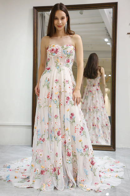 A-Line Strapless Sweep Train Tulle Prom Dress with Embroidery