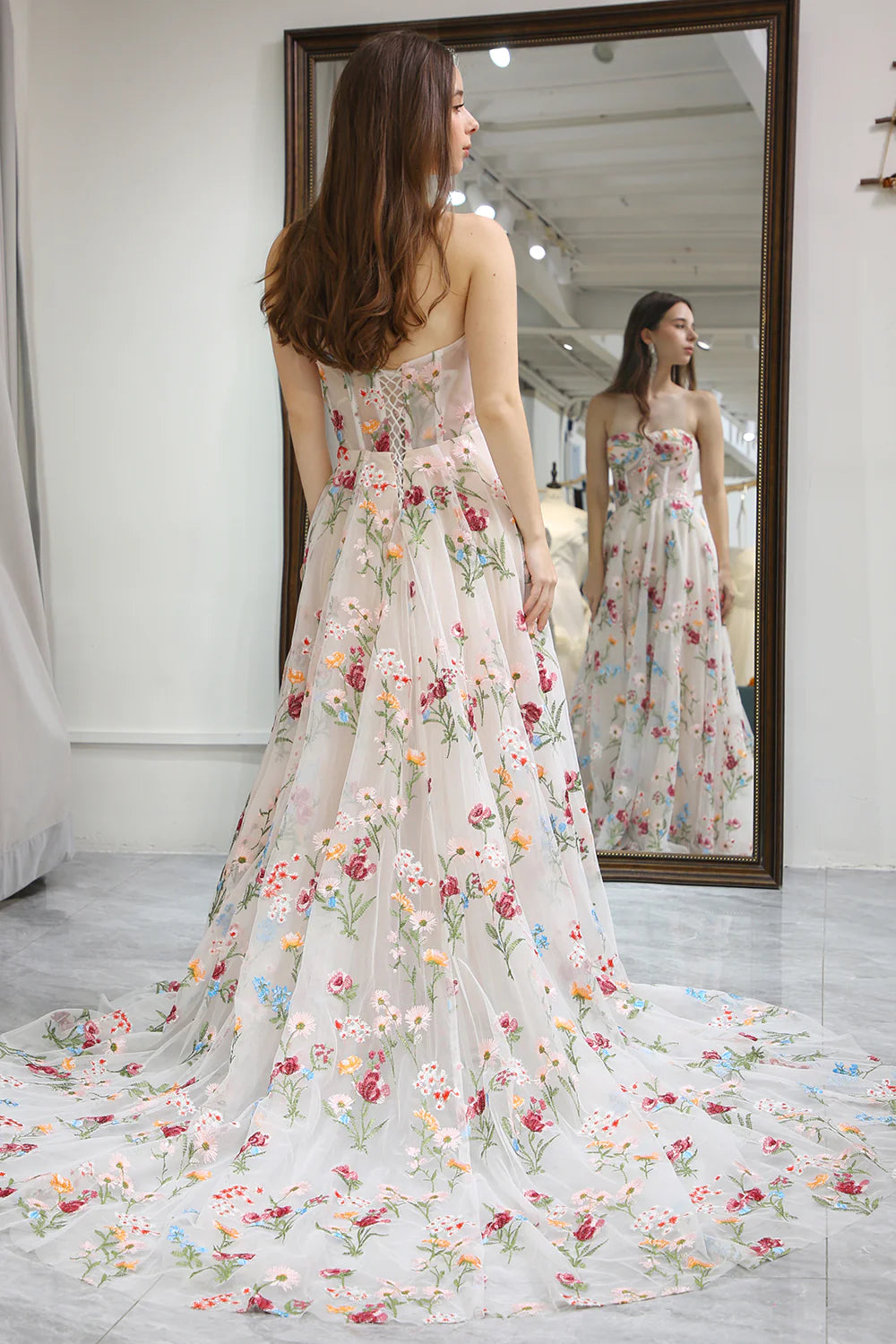 A-Line Strapless Sweep Train Tulle Prom Dress with Embroidery