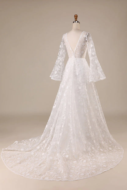 Ivory Lace Flare Sleeves A-Line Wedding Dress