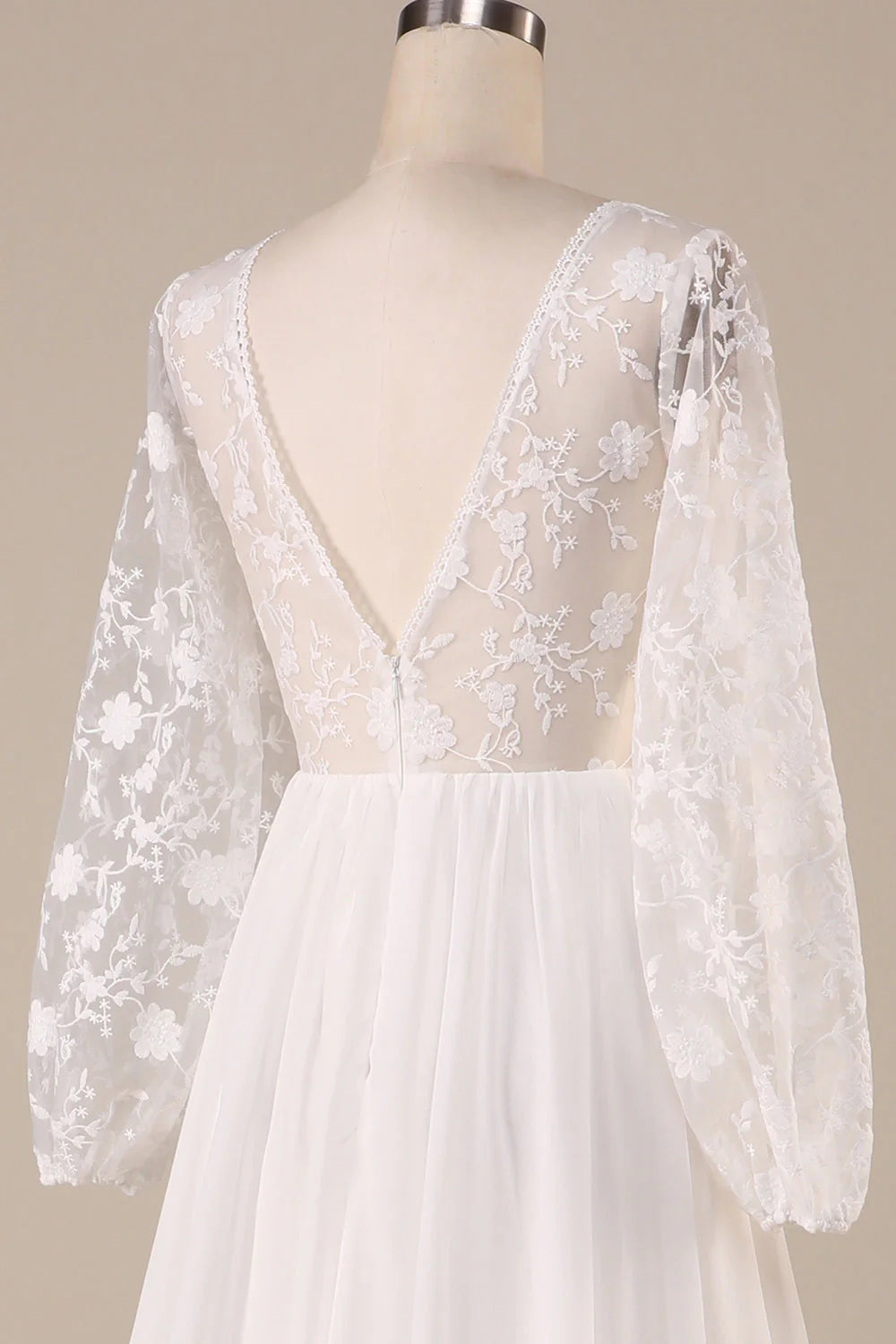 Ivory Chiffon Sweep Train Boho Wedding Dress with Lace