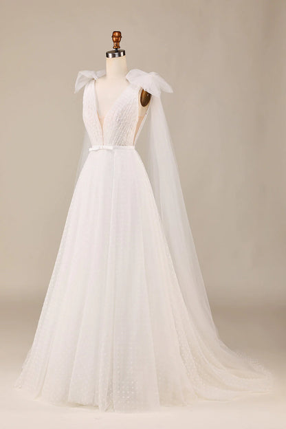 Elegant A Line V Neck Ivory Detachable Watteau Train Tulle Wedding Dress