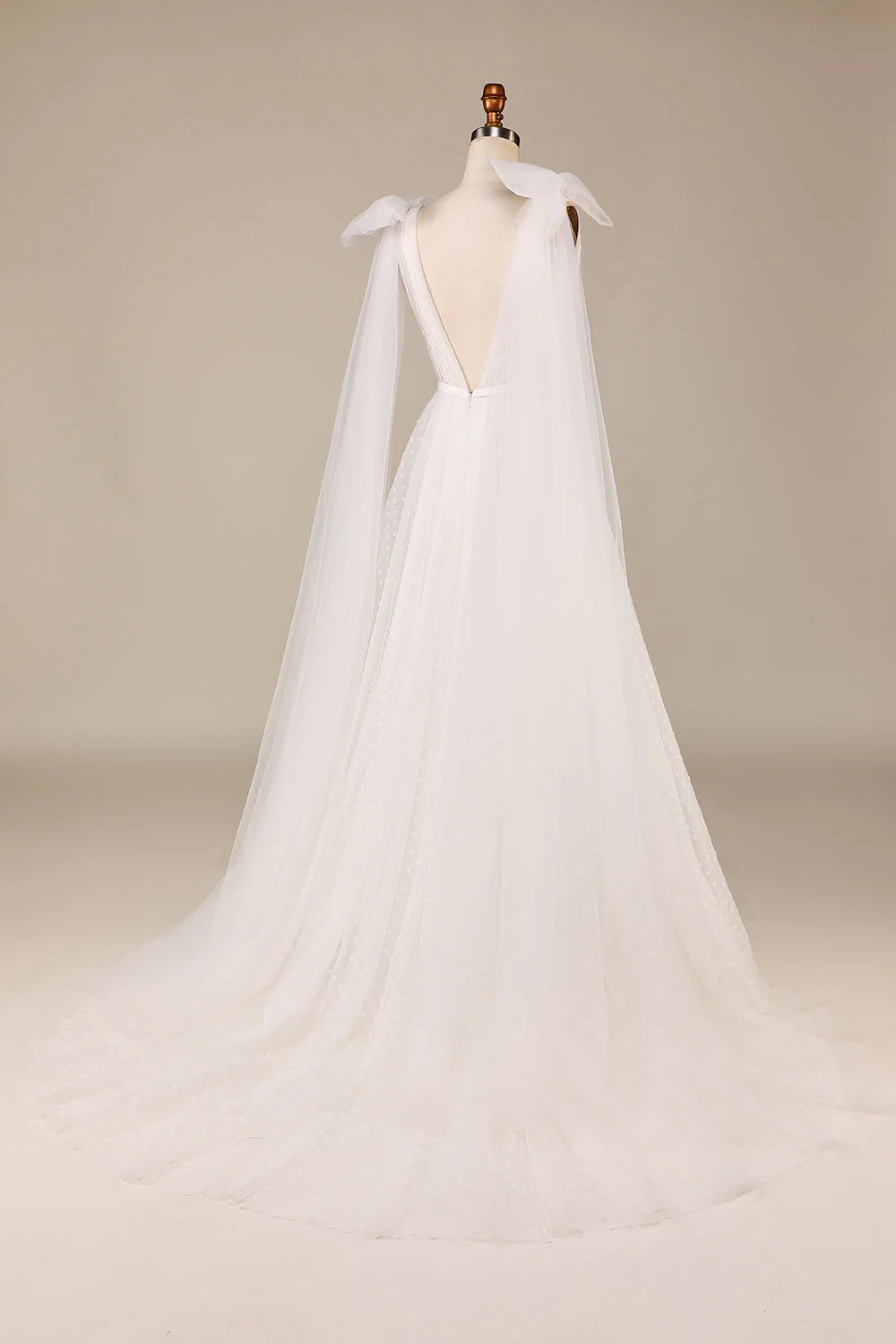 Elegant A Line V Neck Ivory Detachable Watteau Train Tulle Wedding Dress