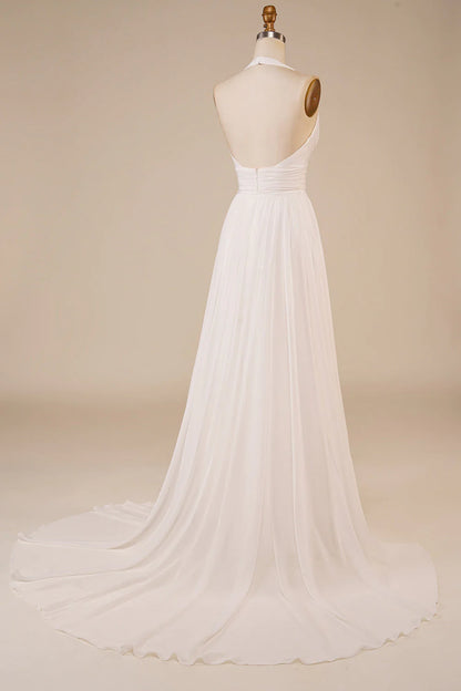 A-Line Halter Ivory Sweep Train Wedding Dress with Slit