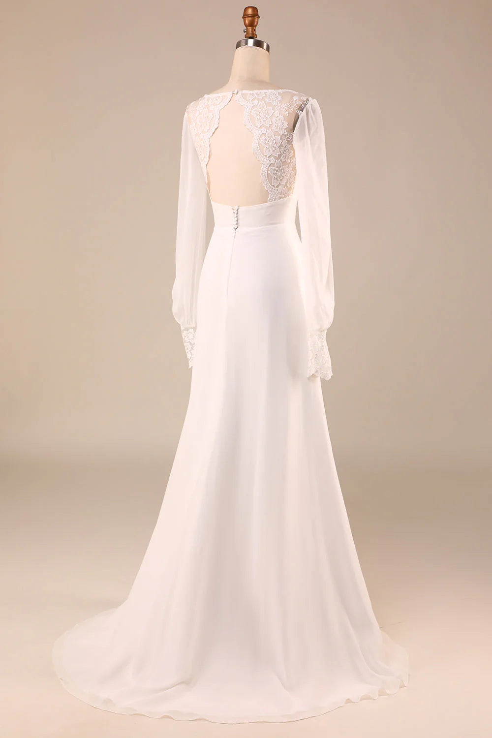 Ivory Long Sleeves Boho Chiffon Open Back Wedding Dress