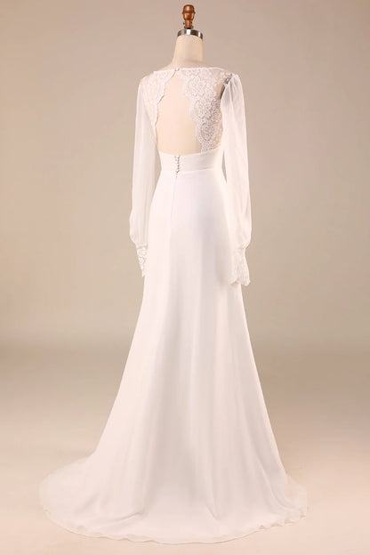 Ivory Long Sleeves Boho Chiffon Open Back Wedding Dress