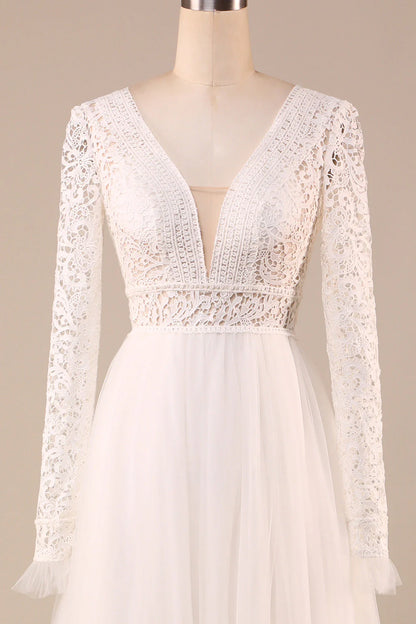 Ivory Long Sleeves Tulle A-Line Wedding Dress with Lace