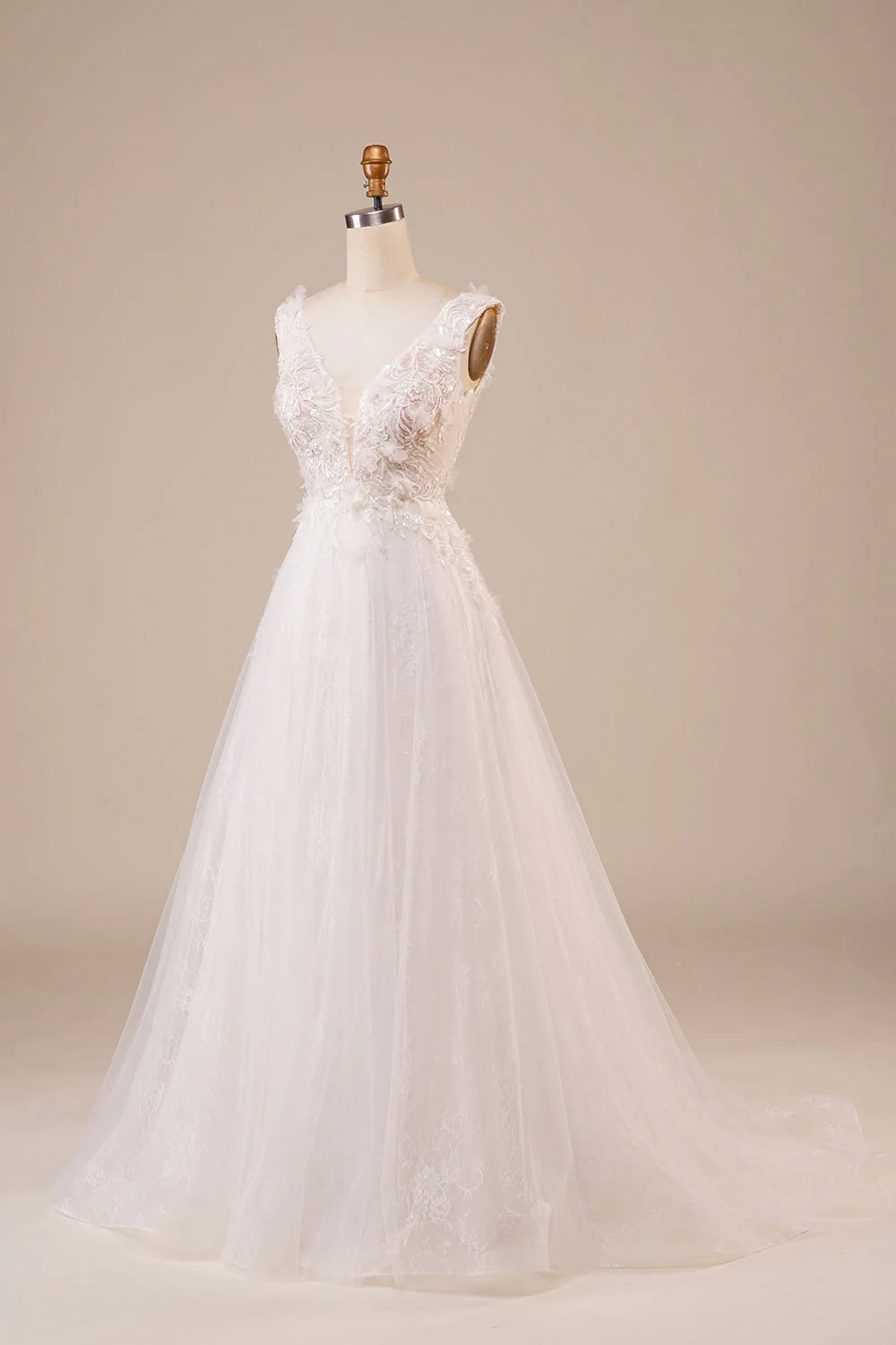 Sparkly Tulle Beaded Ivory Long Wedding Dress