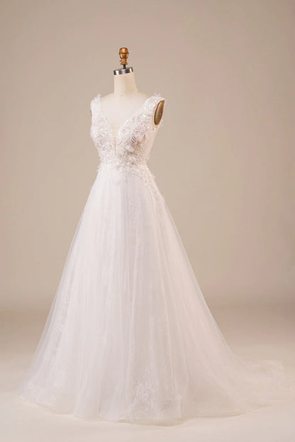 Sparkly Tulle Beaded Ivory Long Wedding Dress