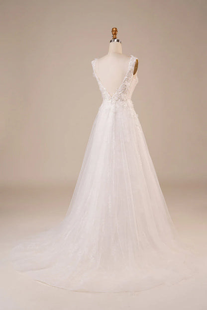 Sparkly Tulle Beaded Ivory Long Wedding Dress