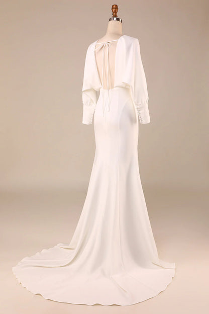 Simple Ivory Mermaid Long Sleeves Deep V-Neck Wedding Dress