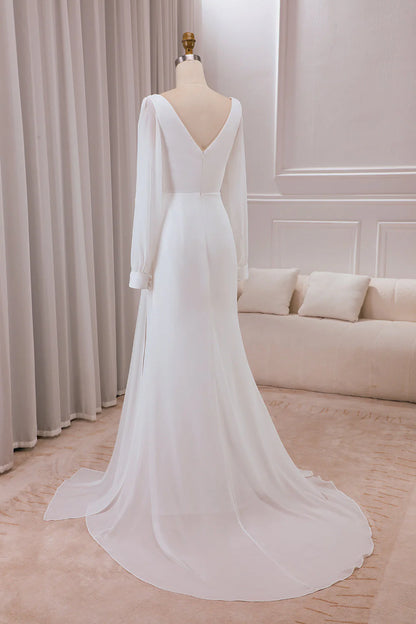 Ivory V-neck Long Sleeves A-line Chiffon Bridal Dress