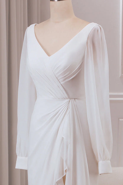 Ivory V-neck Long Sleeves A-line Chiffon Bridal Dress