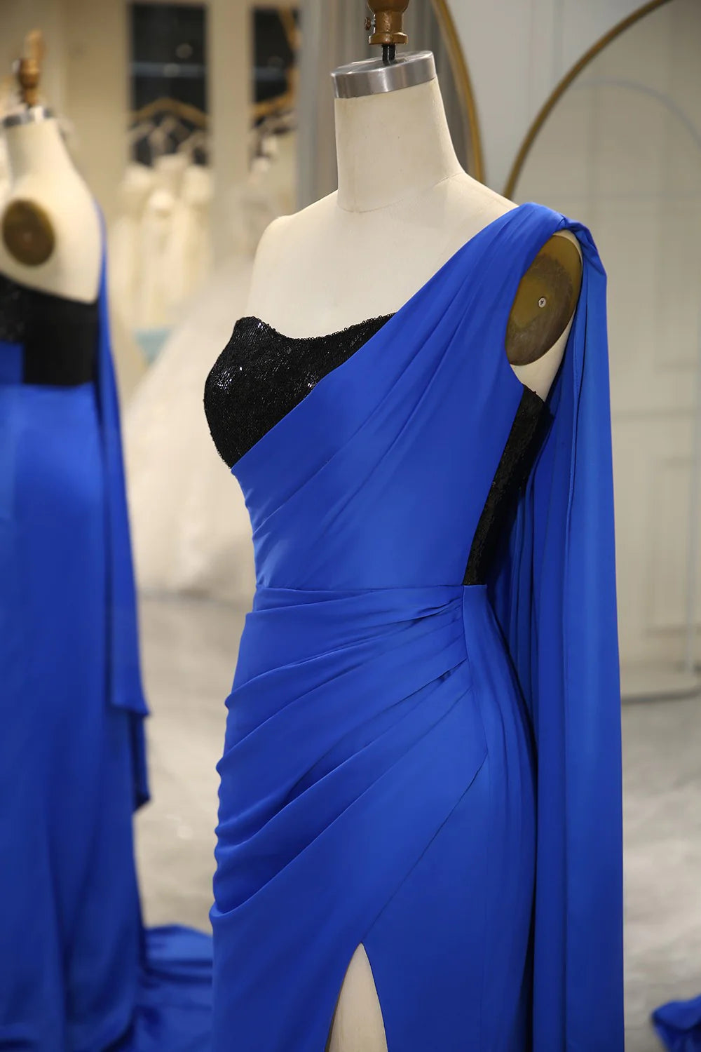 Royal Blue Mermaid One Shoulder Long Prom Dress With Shawl And Slit