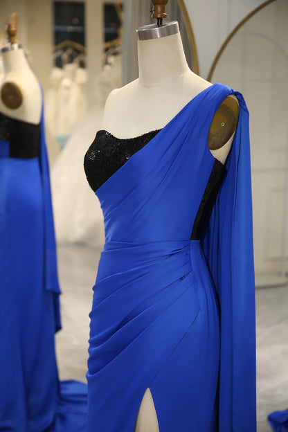 Royal Blue Mermaid One Shoulder Long Prom Dress With Shawl And Slit