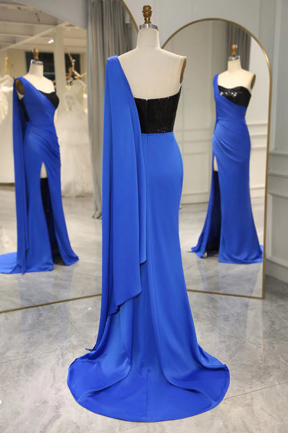 Royal Blue Mermaid One Shoulder Long Prom Dress With Shawl And Slit