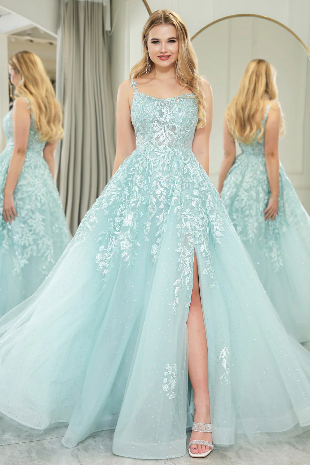 Mint A-Line Tulle Spaghetti Straps Long Prom Dress With Slit And Appliques