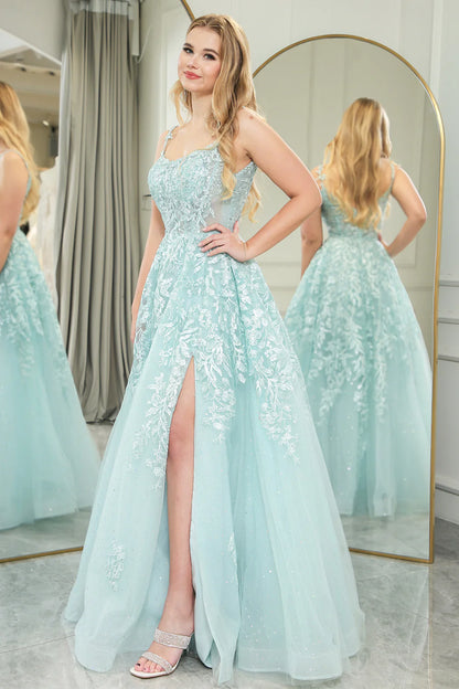 Mint A-Line Tulle Spaghetti Straps Long Prom Dress With Slit And Appliques