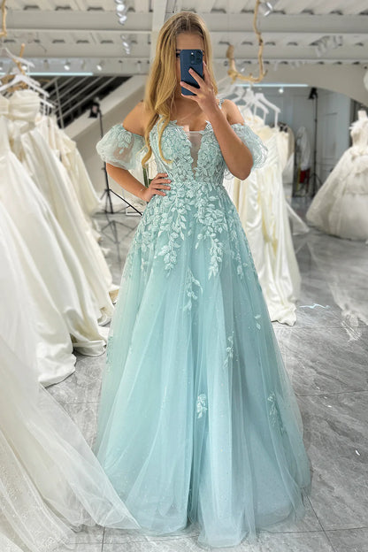 Mint A Line Tulle Off the Shoulder Lace Up Long Prom Dress With Appliques